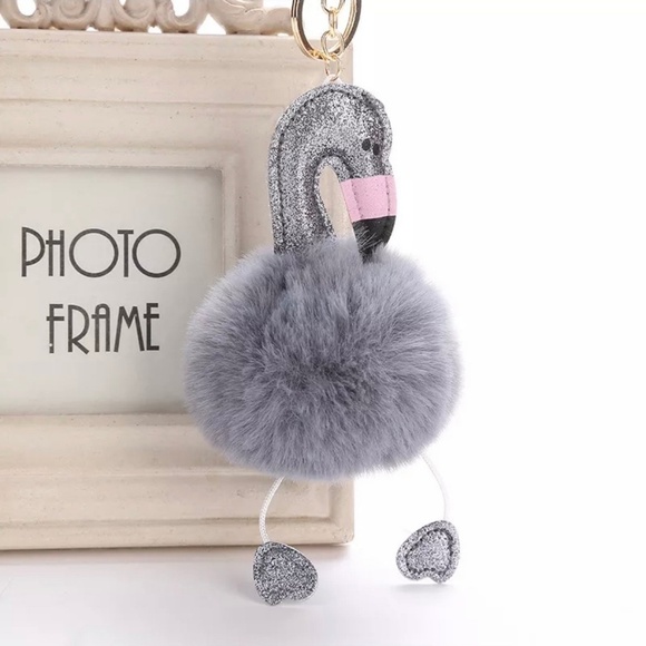 Grey & Pink Fuzzy Flamingo Pom Pom Key Ring - Picture 1 of 1